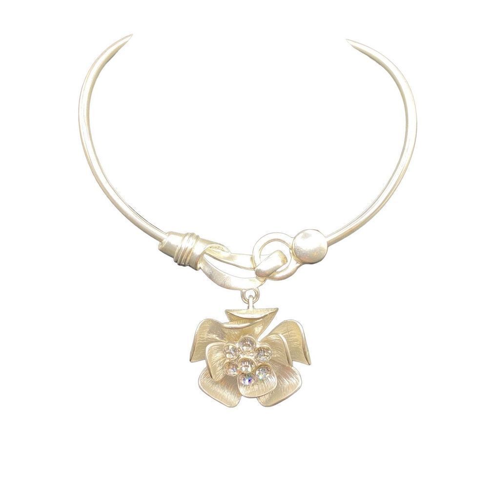 Silver-tone rhinestone and flower choker with unique front clasp necklace